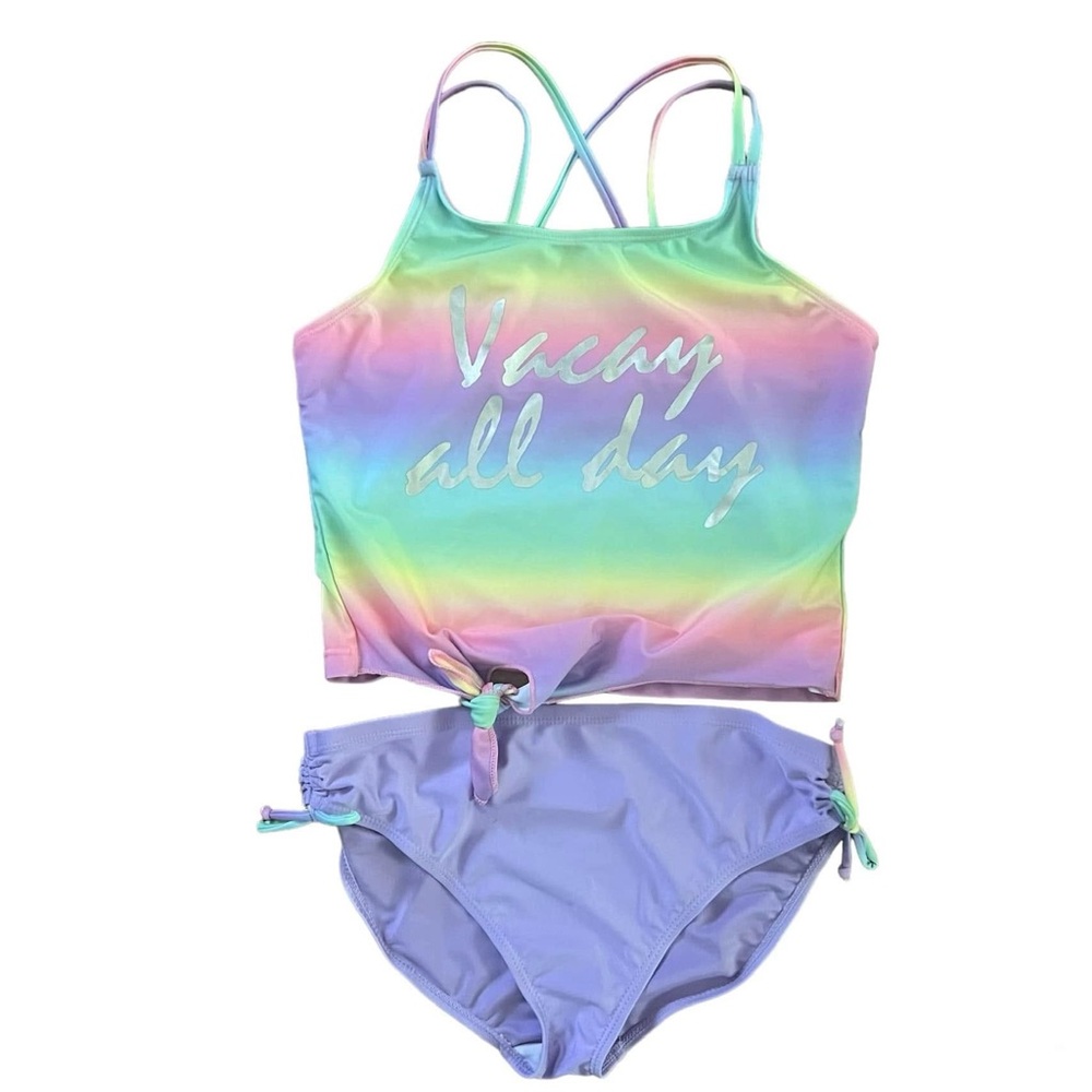 Girls Rainbow Tie Dye ‘Vacay all day’ 2 Pieces Swimsuit / Size XL